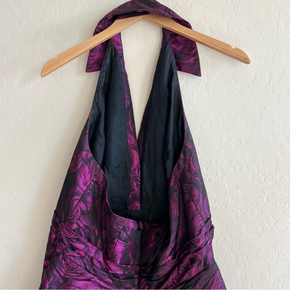Theia Dress Pink Purple Halter Flare Skirt Floral Shiny Designer Party - Picture 10 of 12